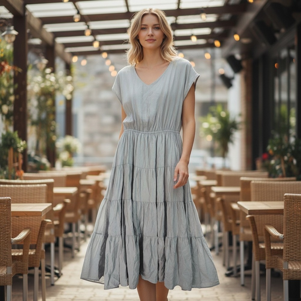 She + Sky Tiered Midi Dress Women Large Grey V-Neck Cap Sleeve SS3261
